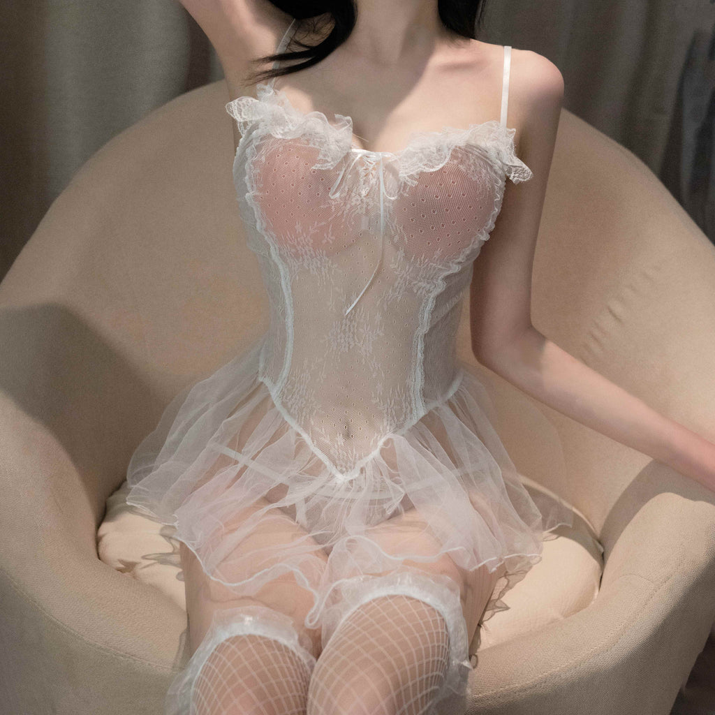 Braroo Sexy Lace Sheer Lingerie – Adjustable Strappy Mesh Babydoll Dress with Ruffle Hem