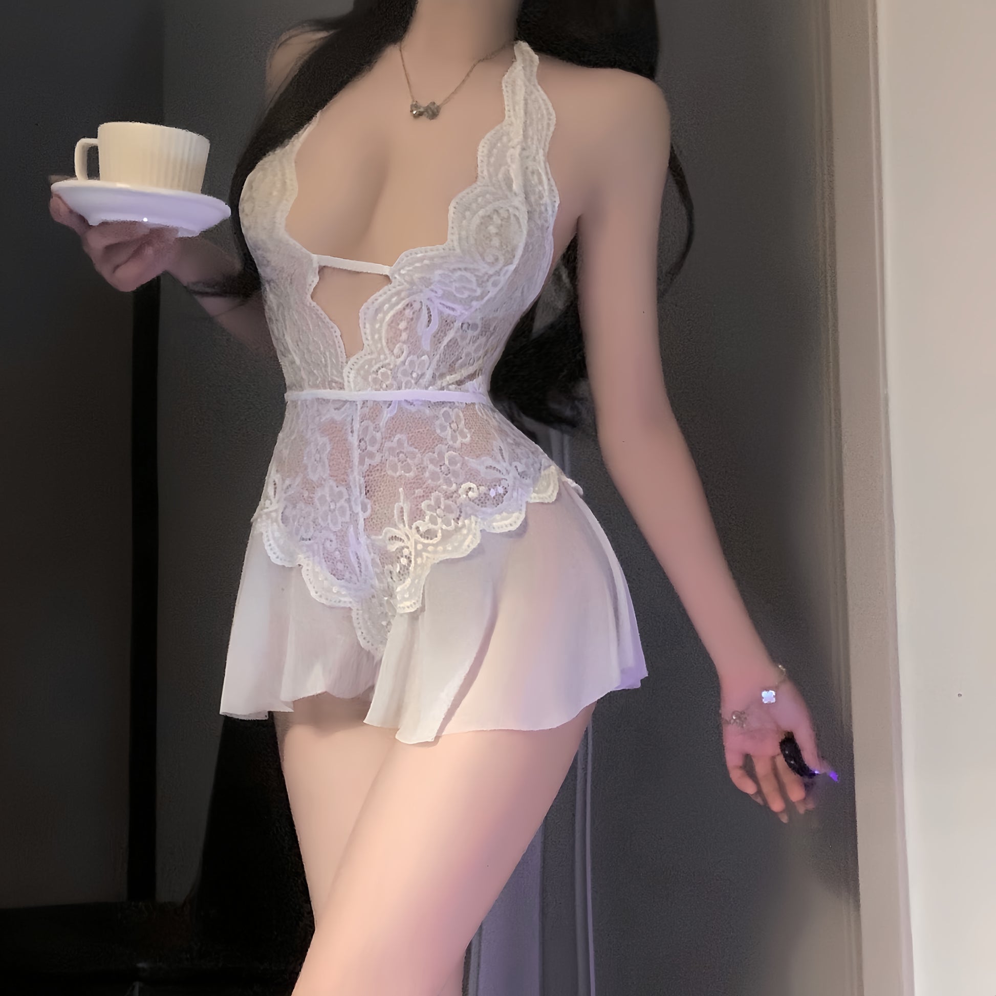 Sheer Lace Halter Babydoll Lingerie – Deep V See-Through One-Piece with Flowy Skirt by Braroo