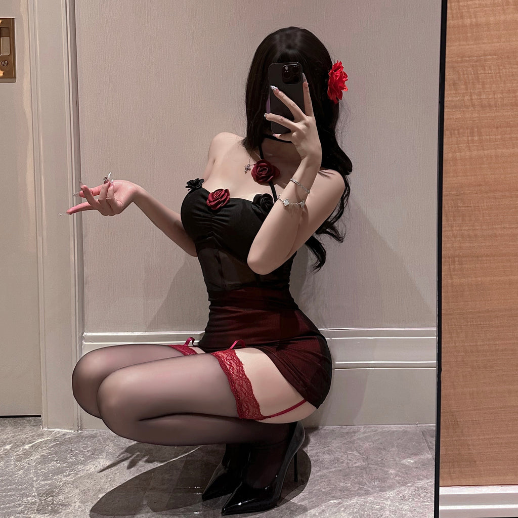 Braroo Midnight Rose – Sexy Sheer Mesh Halter Bodycon Ruched Mini Dress Lingerie Set