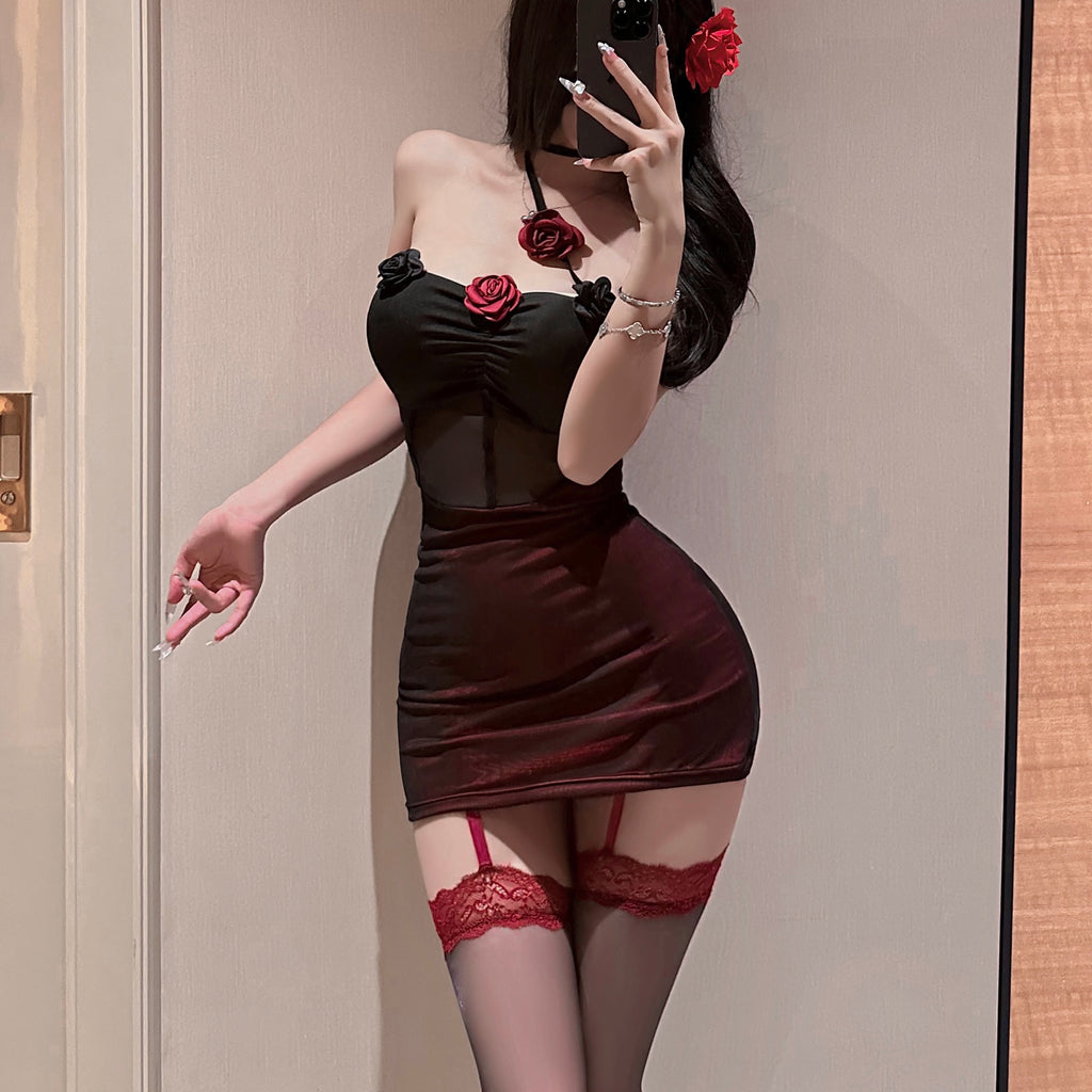 Braroo Midnight Rose – Sexy Sheer Mesh Halter Bodycon Ruched Mini Dress Lingerie Set