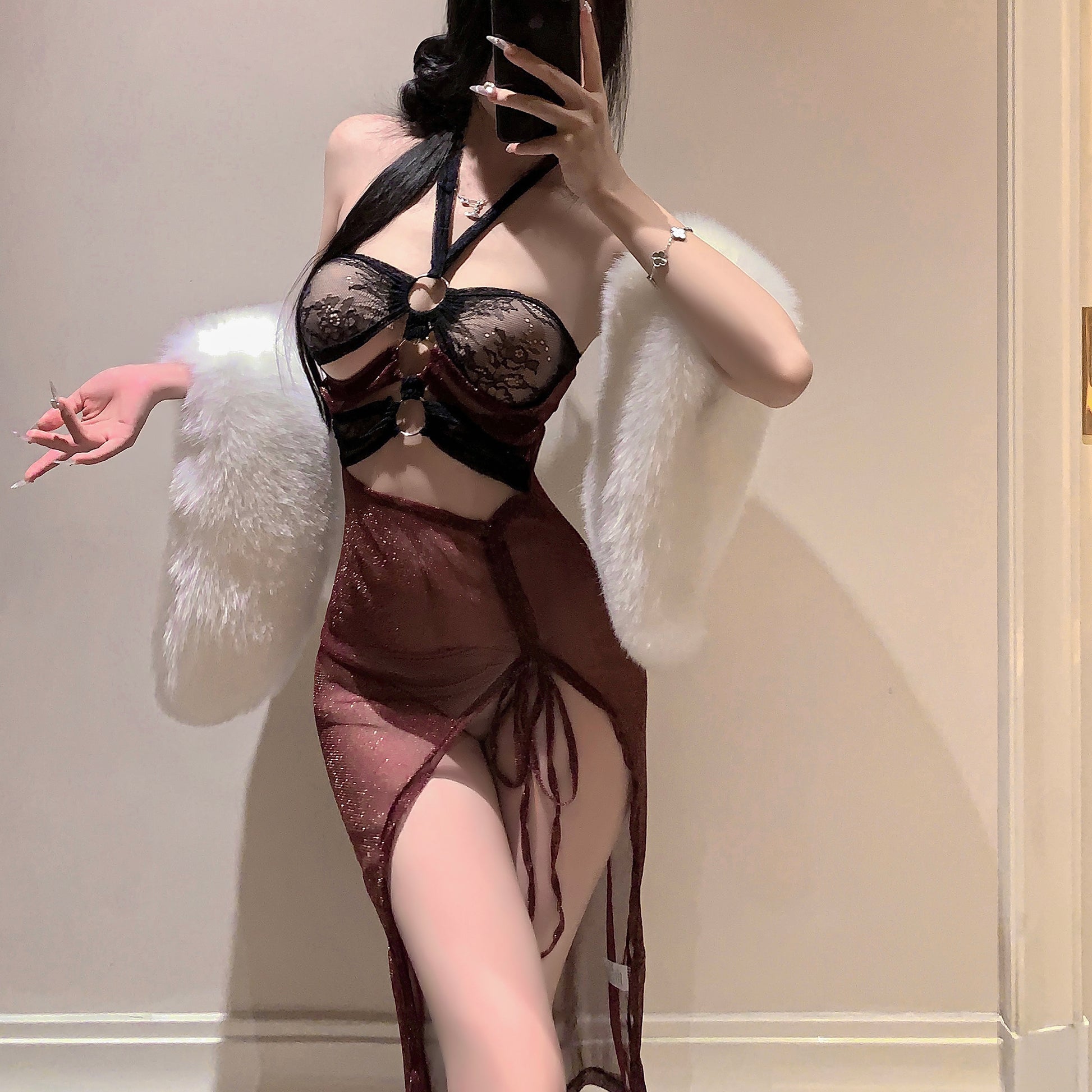 Braroo Enchanted Crimson Muse Lingerie Set – Halter Hanfu-Inspired Mesh Dress with Exotic Sheer Design