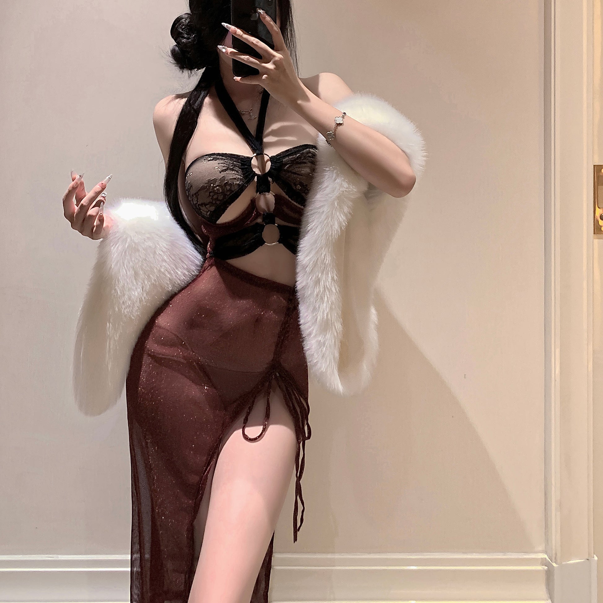 Braroo Enchanted Crimson Muse Lingerie Set – Halter Hanfu-Inspired Mesh Dress with Exotic Sheer Design