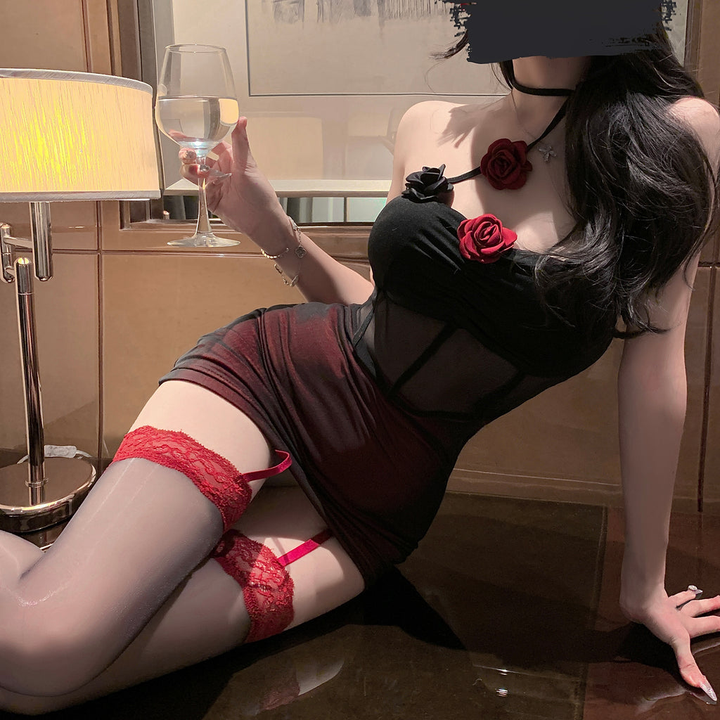 Braroo Midnight Rose – Sexy Sheer Mesh Halter Bodycon Ruched Mini Dress Lingerie Set