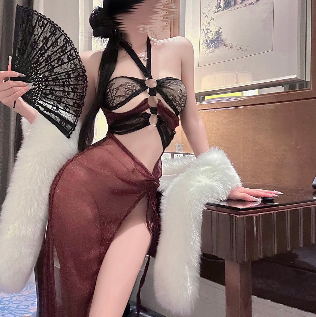 Braroo Enchanted Crimson Muse Lingerie Set – Halter Hanfu-Inspired Mesh Dress with Exotic Sheer Design