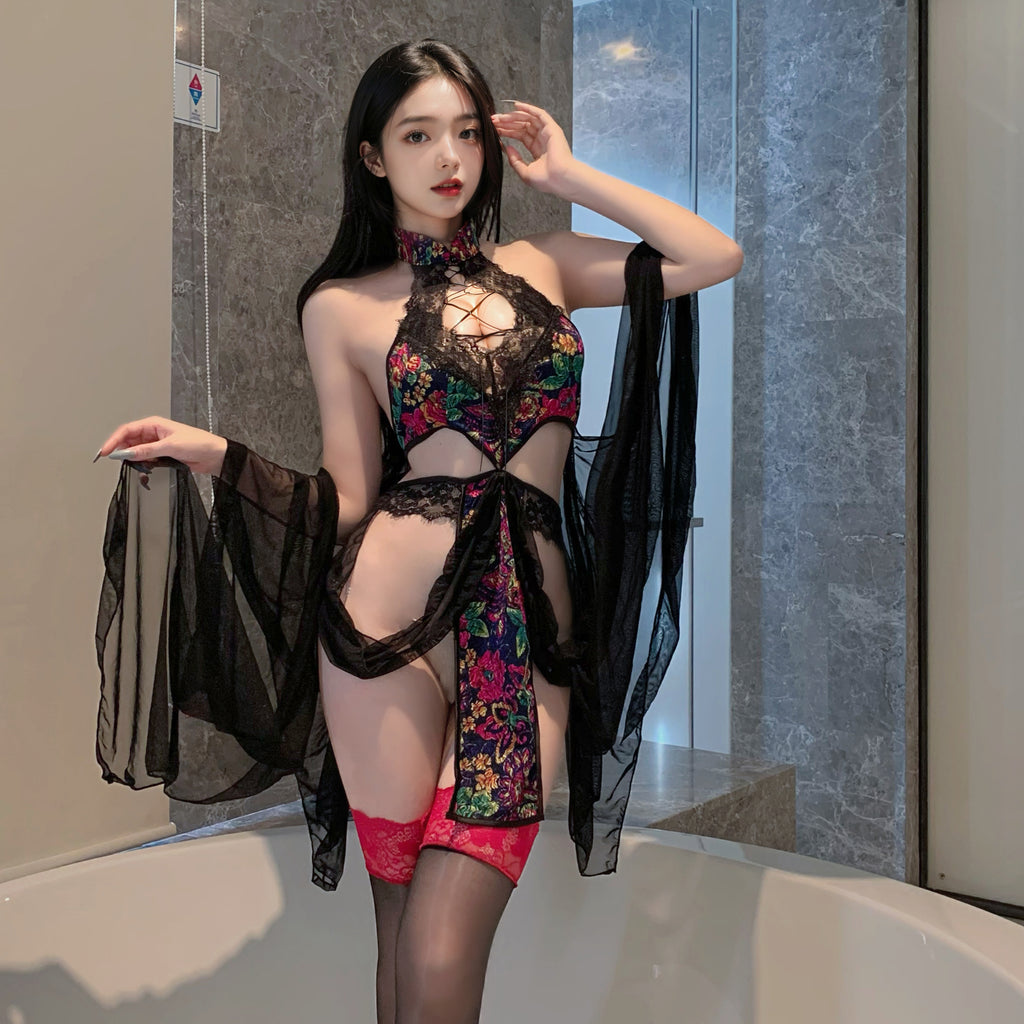 Desert Dancer Oriental Cheongsam Lingerie Set – Exotic Mesh Halter Qipao with Flowing Sleeves