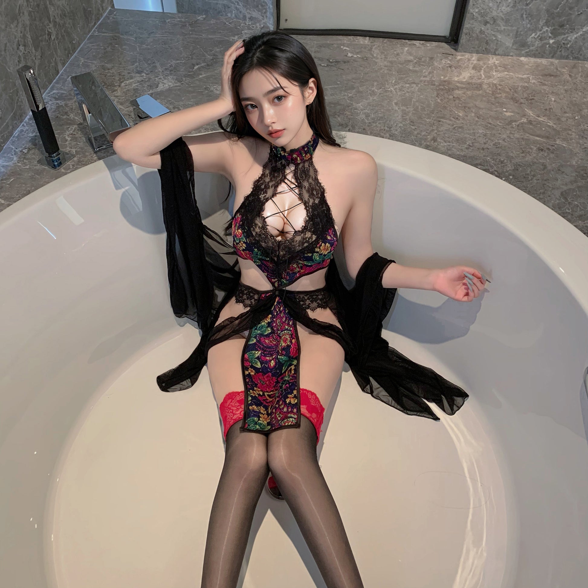 Desert Dancer Oriental Cheongsam Lingerie Set – Exotic Mesh Halter Qipao with Flowing Sleeves