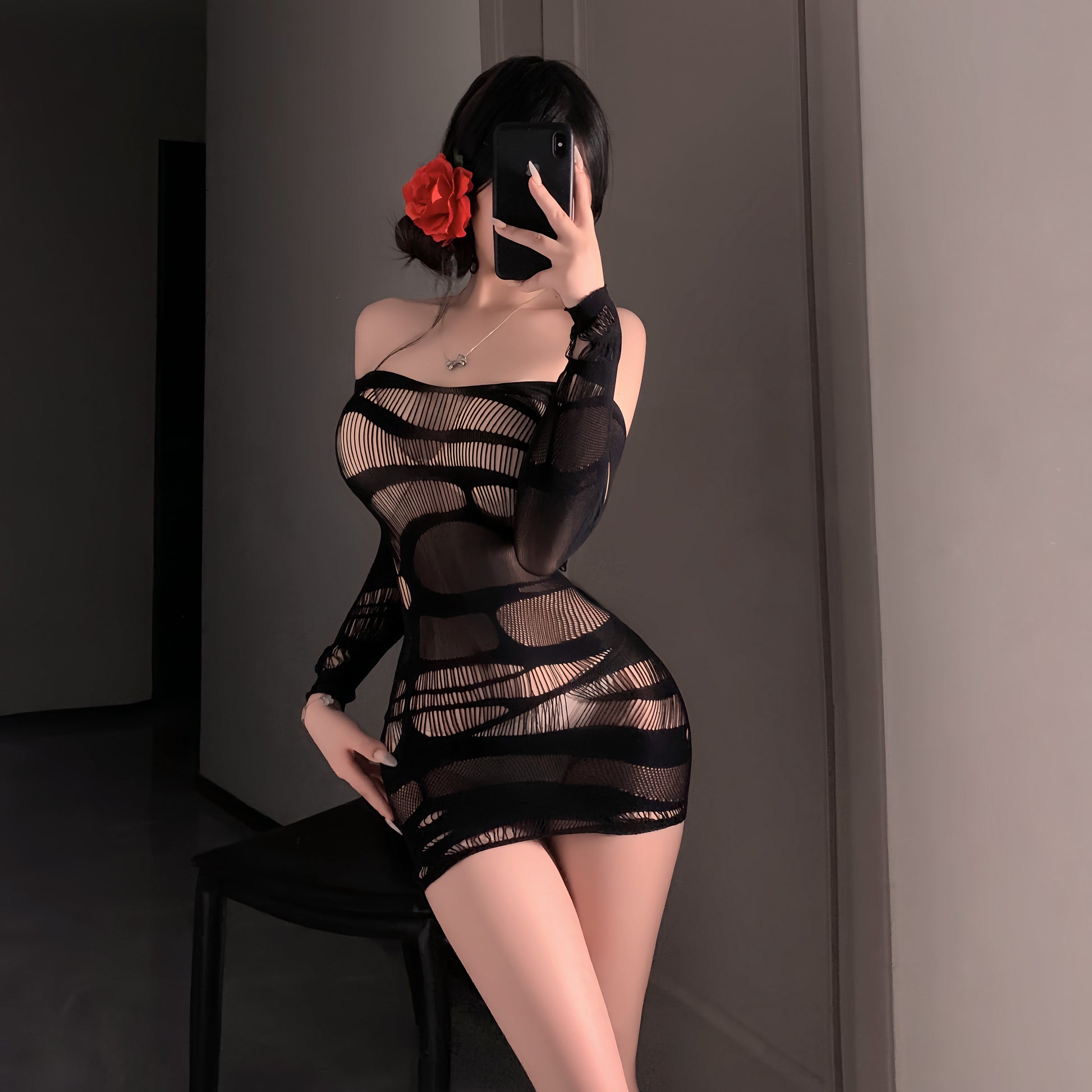 Braroo Sexy Sheer Cutout Fishnet Off-Shoulder Bodycon Dress Temptation Lingerie