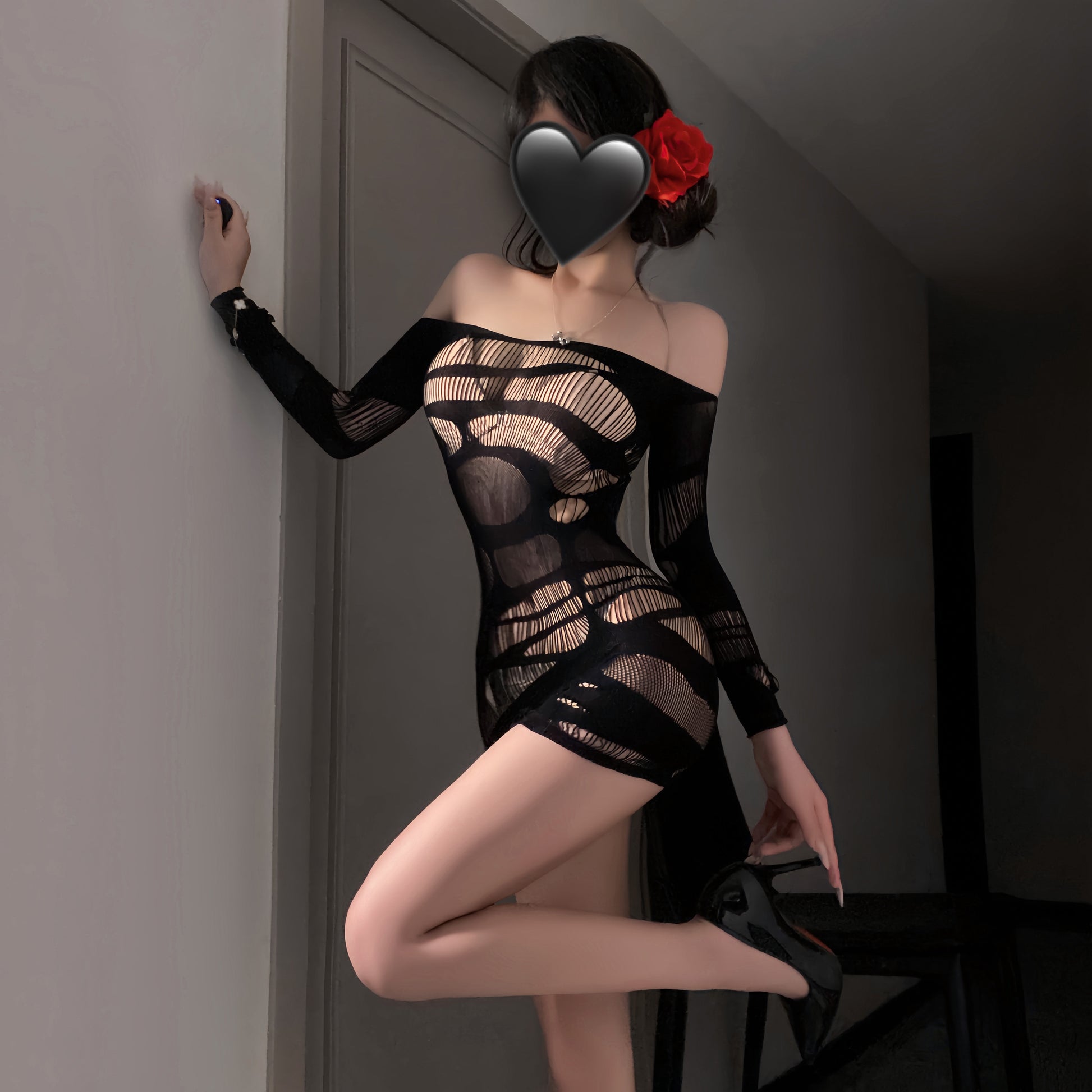 Braroo Sexy Sheer Cutout Fishnet Off-Shoulder Bodycon Dress Temptation Lingerie