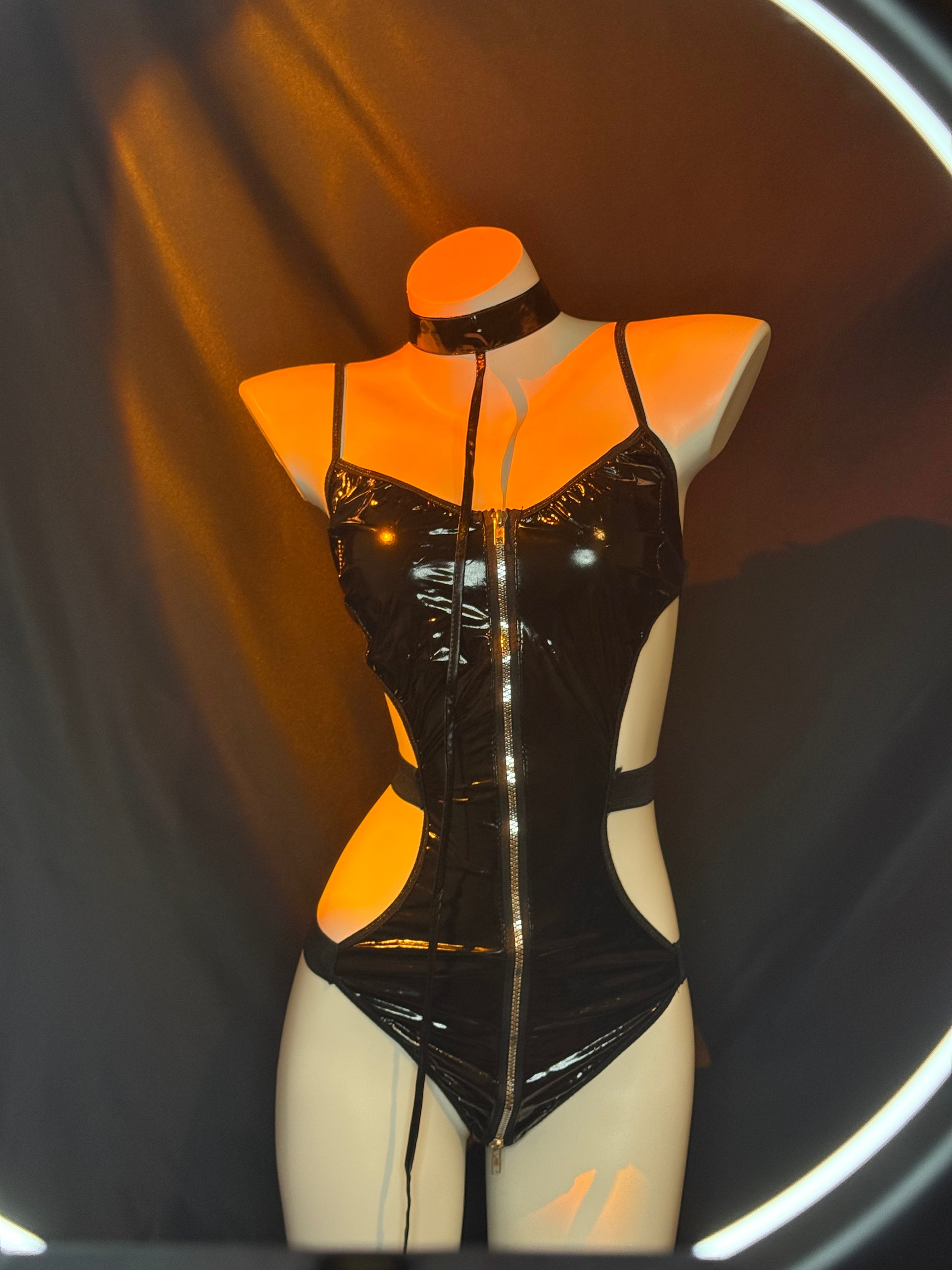 Braroo Faux Leather Harness Teddy Lingerie Set with Leash & Zipper Front – Fetish Biker-Inspired Bodysuit