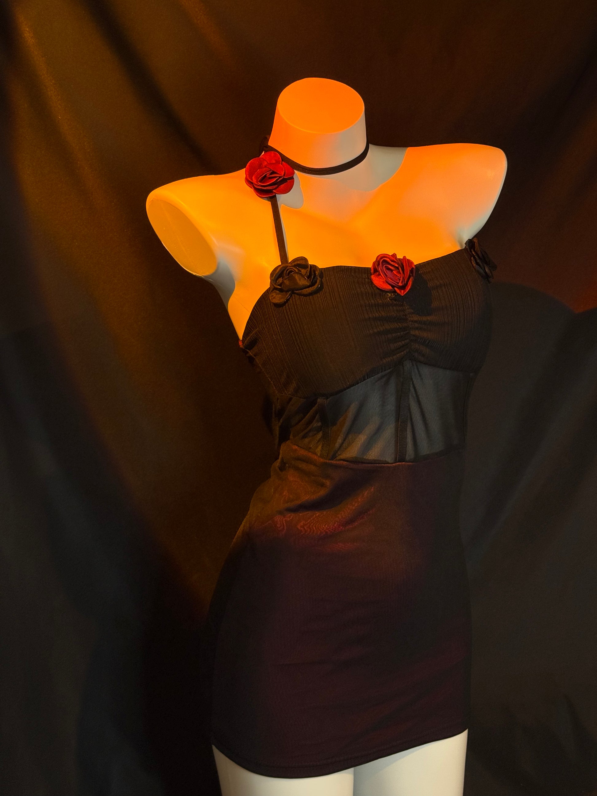 Braroo Midnight Rose – Sexy Sheer Mesh Halter Bodycon Ruched Mini Dress Lingerie Set