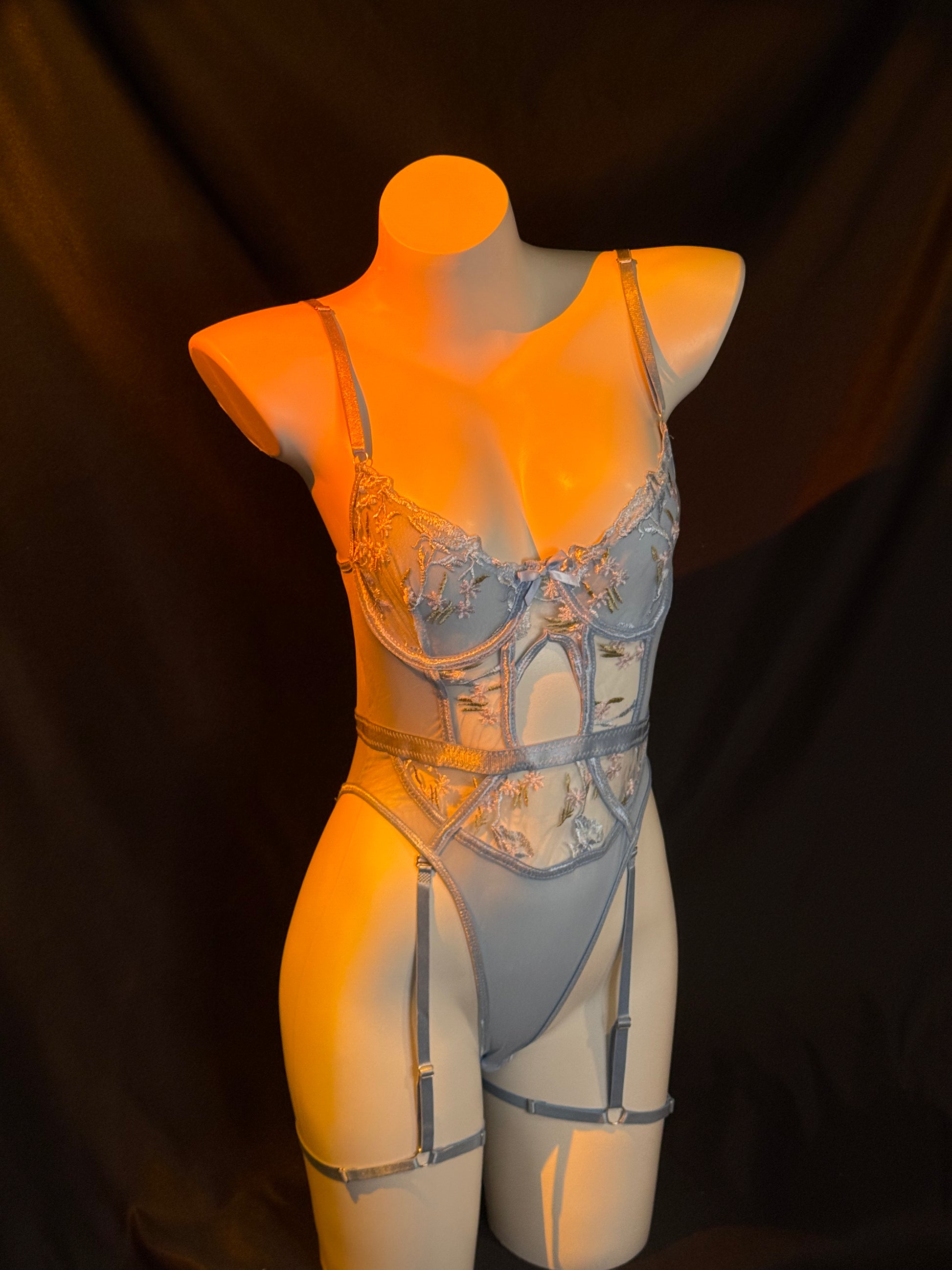 French Bloom Embroidered Lace Bodysuit Set – Sheer Floral Lingerie with Leg Garter & Mesh Robe by Braroo