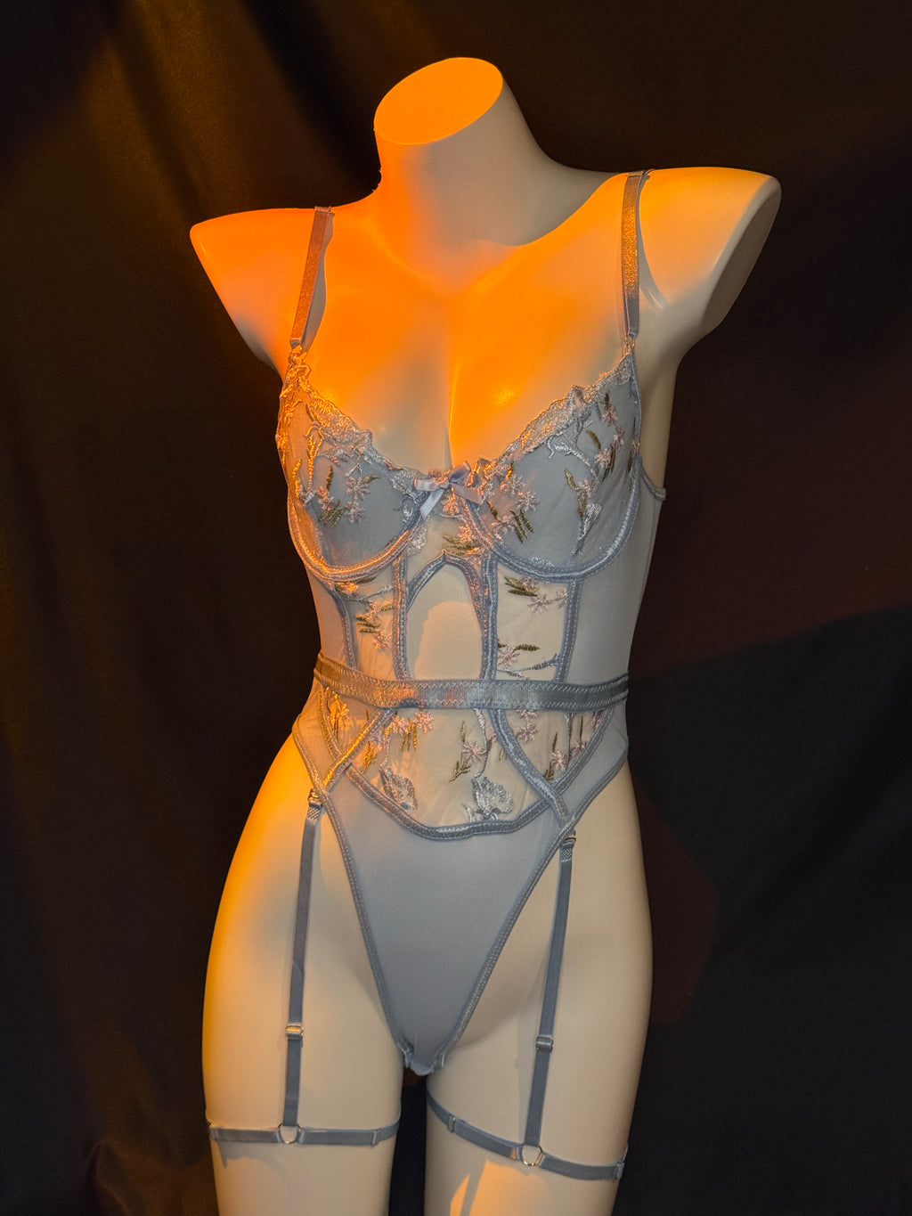 French Bloom Embroidered Lace Bodysuit Set – Sheer Floral Lingerie with Leg Garter & Mesh Robe by Braroo