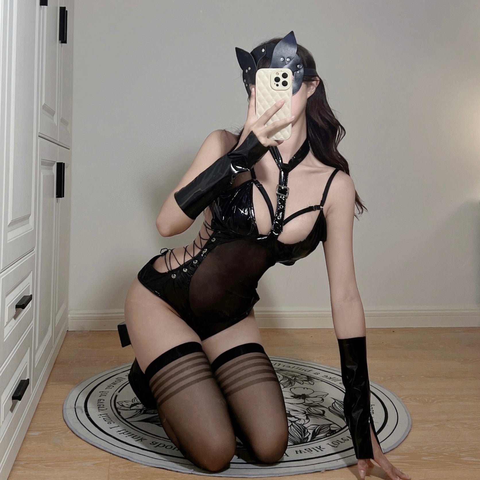 Braroo Dark Fetish Faux Leather Lingerie Set – Dominatrix Bodysuit with Chains, Harness & Mask