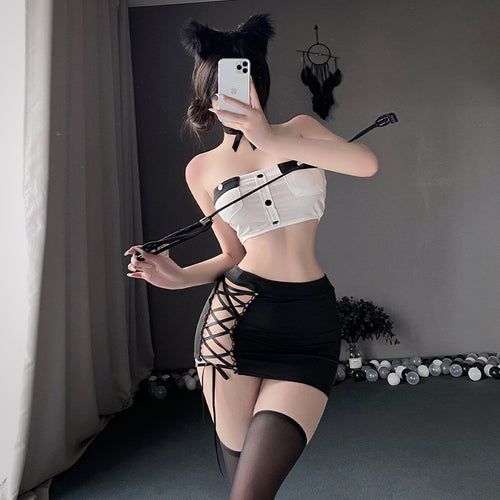 Braroo Black & White Crop Top Skirt Set - Lace-Up Mini Skirt + Headdress + Stockings | Cosplay-Inspired Clubwear