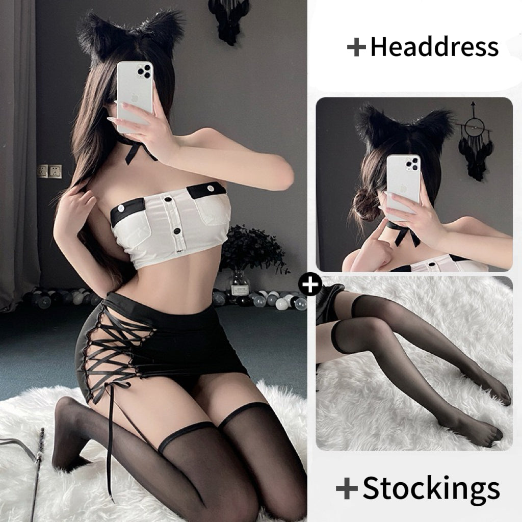 Braroo Black & White Crop Top Skirt Set - Lace-Up Mini Skirt + Headdress + Stockings | Cosplay-Inspired Clubwear