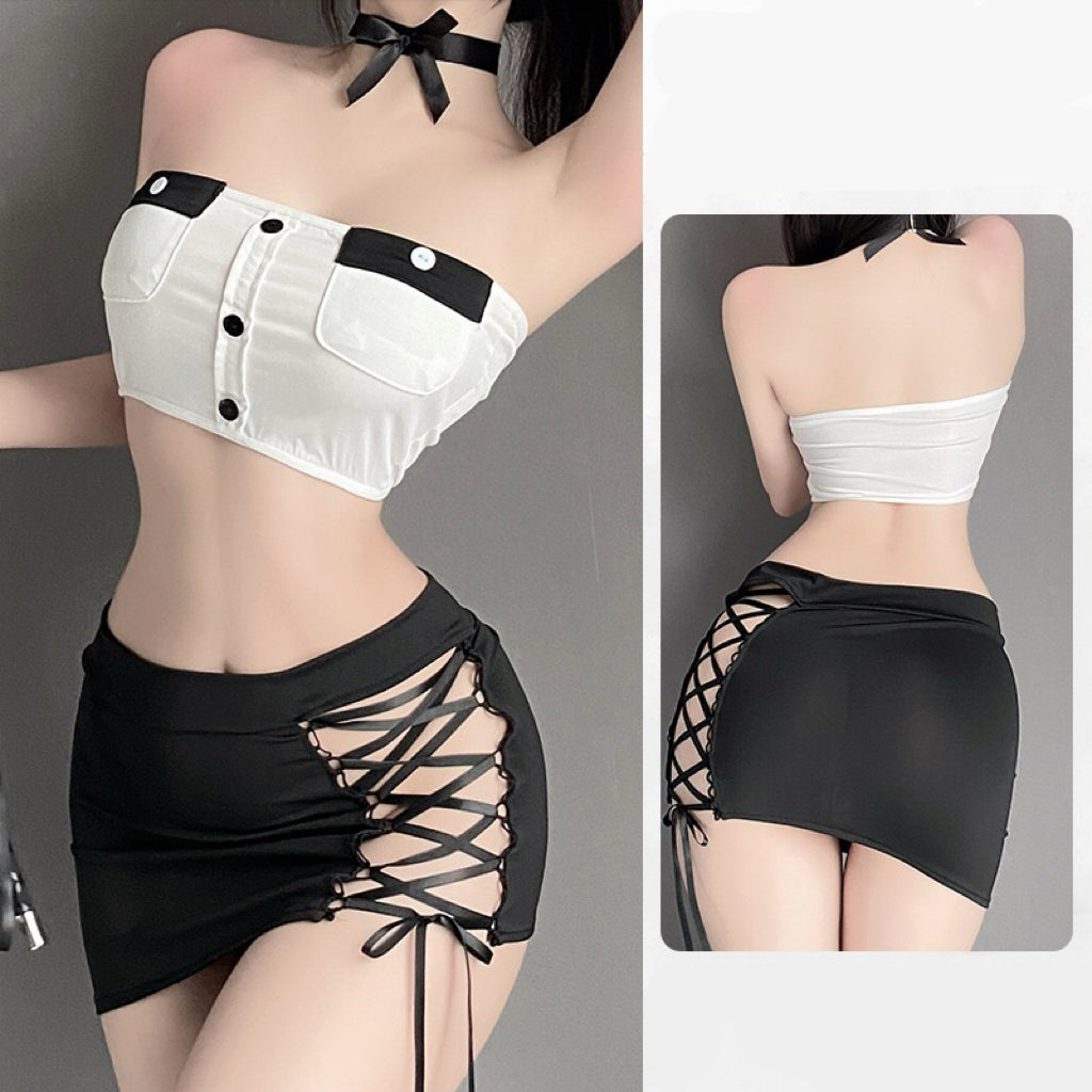 Braroo Black & White Crop Top Skirt Set - Lace-Up Mini Skirt + Headdress + Stockings | Cosplay-Inspired Clubwear