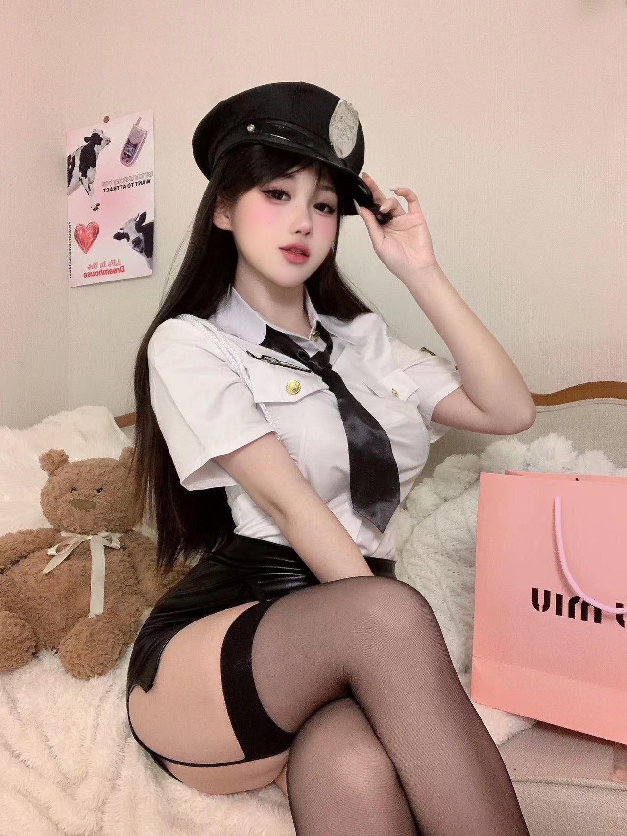 Sexy Police Officer Cosplay Lingerie Set – Faux Leather Mini Skirt Uniform with Hat & Tie by Braroo